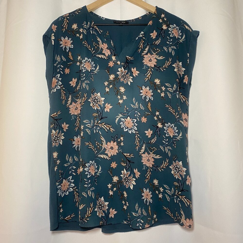 Papermoon Reece Mixed Material Blouse Womens M Turquoise Floral Split Neck EUC
